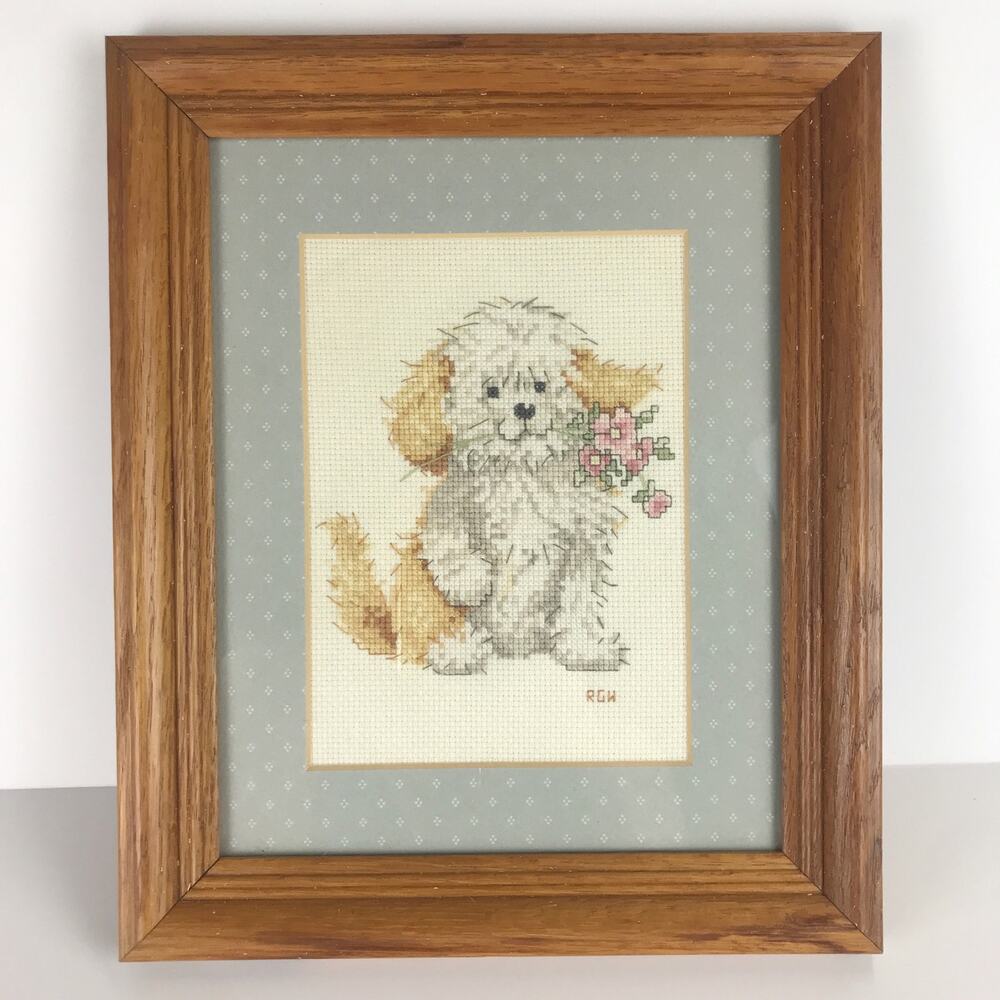 Vintage Shaggy Puppy Dog Flowers Framed Cross Stitch Embroidered Folksy Wall Art